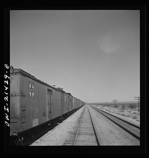 Essex, California. Empty refrigerator cars held for storage on the Atchison, Topeka, and Santa Fe Railroad between Needles and Barstow, California