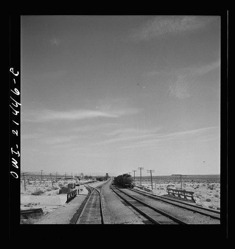 Bagdad, California. Leaving the station on the Atchison, Topeka and Santa Fe Railroad between Needles and Barstow, California