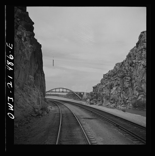 Victorville (vicinity), California. Going through the "narrows" on the Atchison, Topeka and Santa Fe Railroad between Barstow and San Bernardina, California