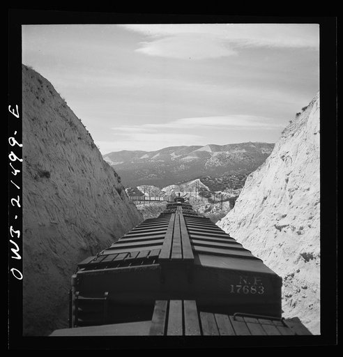 Summit (vicinity), California. Going down the mountains on the Atchison, Topeka, and Santa Fe Railroad between Barstow and San Bernardino, California