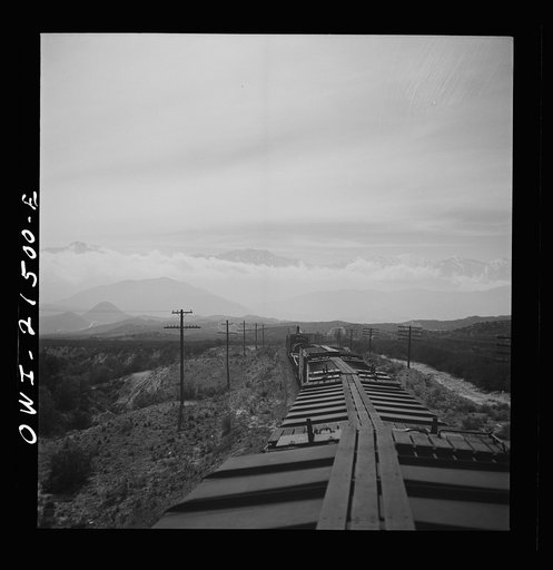 Untitled photo, possibly related to: Summit (vicinity), California. Going down the mountains on the Atchison, Topeka, and Santa Fe Railroad between Barstow and San Bernardino, California