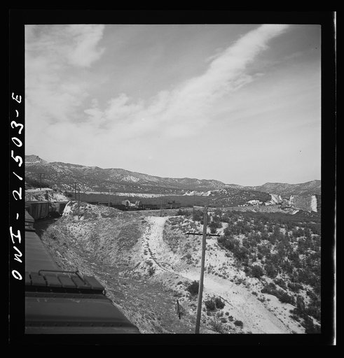 Untitled photo, possibly related to: Summit (vicinity), California. Going down the mountains on the Atchison, Topeka, and Santa Fe Railroad between Barstow and San Bernardino, California