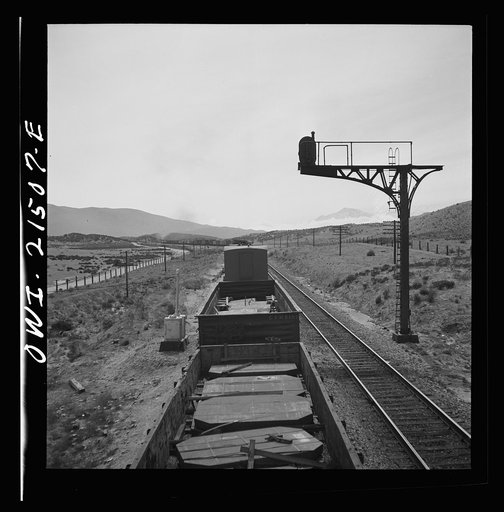 Untitled photo, possibly related to: Summit (vicinity), California. Going down the mountains on the Atchison, Topeka, and Santa Fe Railroad between Barstow and San Bernardino, California