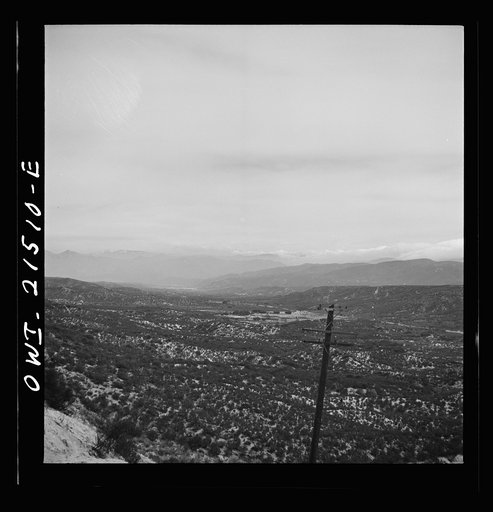 Untitled photo, possibly related to: Summit (vicinity), California. Going down the mountains on the Atchison, Topeka, and Santa Fe Railroad between Barstow and San Bernardino, California