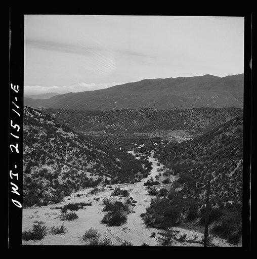 Untitled photo, possibly related to: Summit (vicinity), California. Going down the mountains on the Atchison, Topeka, and Santa Fe Railroad between Barstow and San Bernardino, California