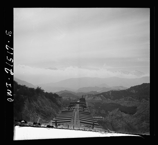 Summit (vicinity), California. Going down the mountains on the Atchison, Topeka, and Santa Fe Railroad between Barstow and San Bernardino, California
