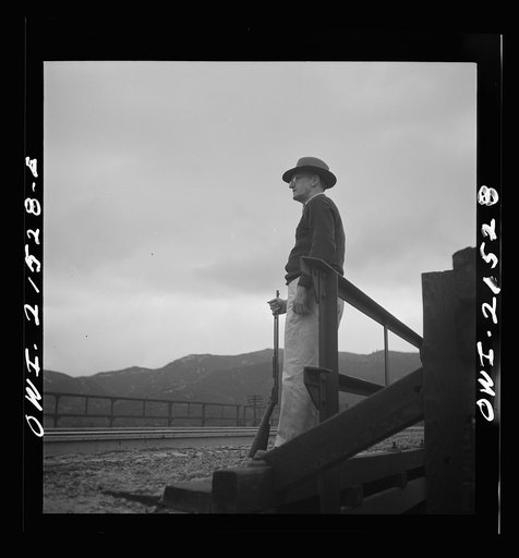 Devore, California (near San Bernardino). Guard at a bridge along the Atchison, Topeka, and Santa Fe Railroad, between Barstow and San Bernardino, California