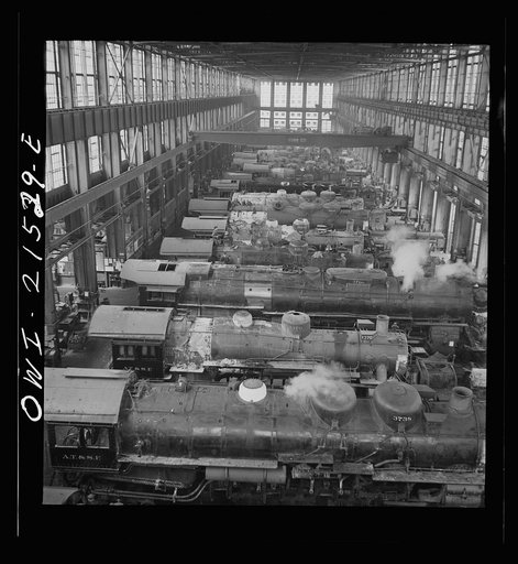 San Bernardino, California. A general view in the Atchison, Topeka, and Santa Fe Railroad locomotive shops