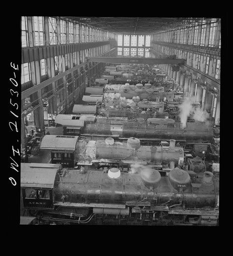 Untitled photo, possibly related to: San Bernardino, California. A general view in the Atchison, Topeka, and Santa Fe Railroad locomotive shops