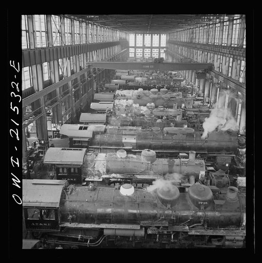 Untitled photo, possibly related to: San Bernardino, California. A general view in the Atchison, Topeka, and Santa Fe Railroad locomotive shops