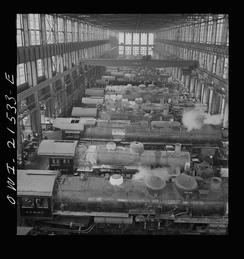 Untitled photo, possibly related to: San Bernardino, California. A general view in the Atchison, Topeka, and Santa Fe Railroad locomotive shops