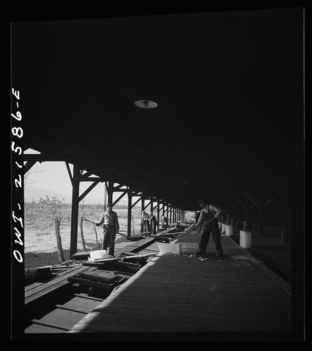Untitled photo, possibly related to: San Bernardino, California. Icing refrigerator cars at the ice plant