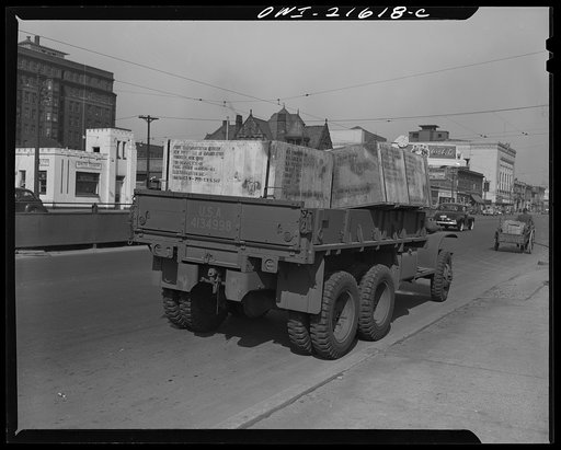 Detroit, Michigan. Army truck hauling boxed freight