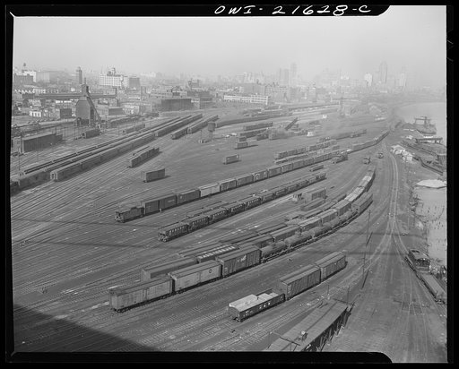 Detroit, Michigan (?). A general view of a train yard in the Detroit area