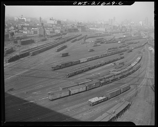 Untitled photo, possibly related to: Detroit, Michigan (?). A general view of a train yard in the Detroit area