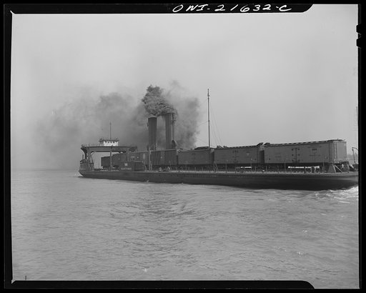 Detroit, Michigan. A freight car ferry on the Detroit River
