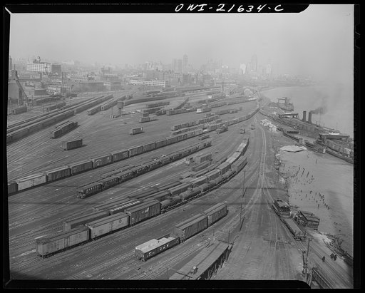 Detroit, Michigan (?). A general view of a freight and passenger train yard