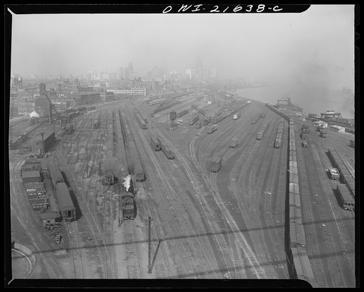 Detroit, Michigan (?). A general view of a train yard in the Detroit area