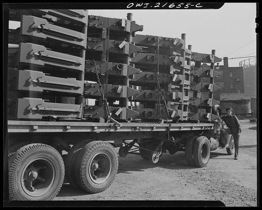 Detroit, Michigan. Gun mounts loaded on a truck