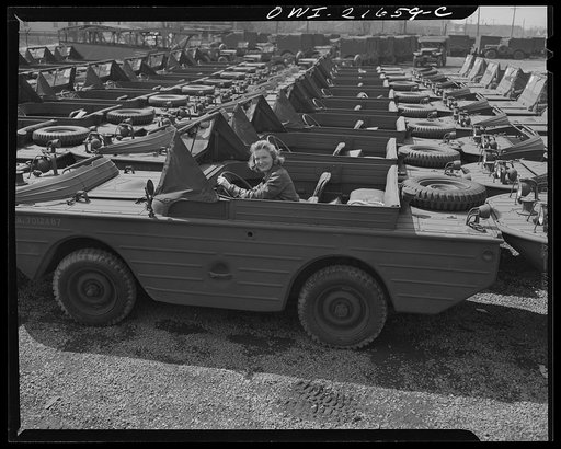 Detroit, Michigan. Amphibian jeeps waiting to be loaded on trucks