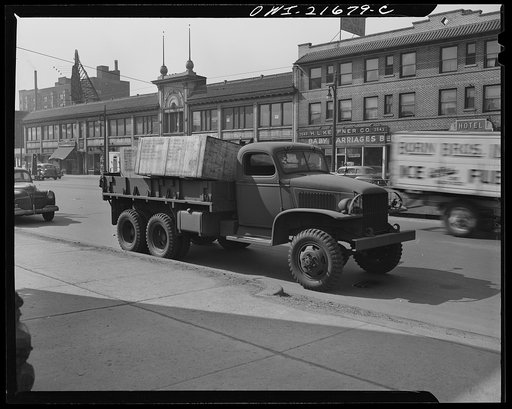 Detroit, Michigan. Army truck hauling boxed freight