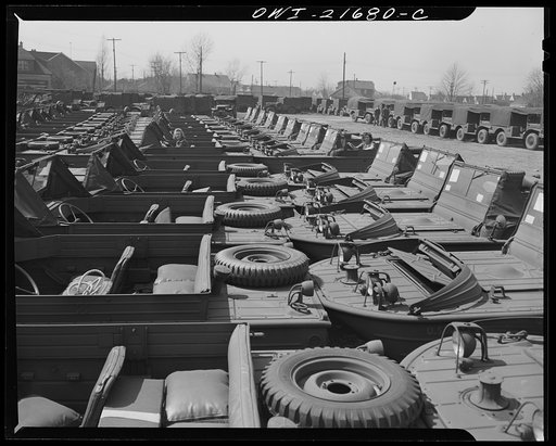 Detroit, Michigan. Amphibian jeeps awaiting truck transport