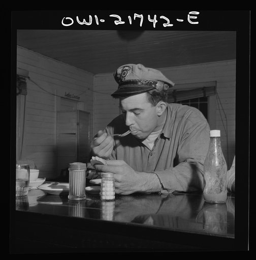 Pearlington (vicinity), Mississippi. Truck driver eating at a trucker's stop along U.S. Highway 90