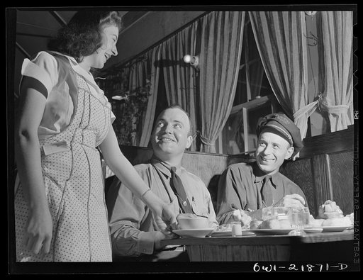 Jim Bishop and Joe Crow, truck drivers enroute to Montgomery, Alabama having dinner at a trucker's stop near the Alabama-Georgia state line on U.S. Highway 29