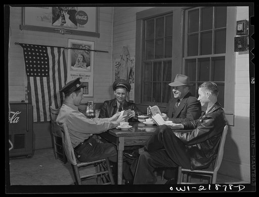 Captain Redfern, safety director for the Associated Transport Company, talking with truck drivers at a coffee stop on U.S. Highway 29 near Greenville, Alabama