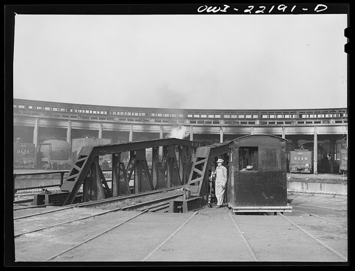 San Bernardino, California.  Women operating the turntable at the Atchison, Topeka and Santa Fe Railroad roundhouse