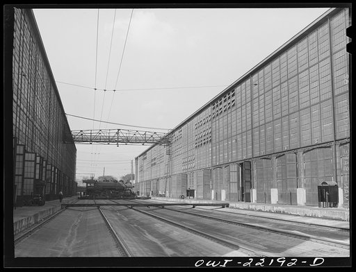 San Bernardino, California. An engine on the transfer table at the Atchison, Topeka and Santa Fe Railroad locomotive shops