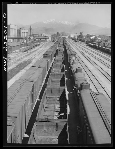 San Bernardino, California. General view of part of the Atchison, Topeka and Santa Fe Railroad yard