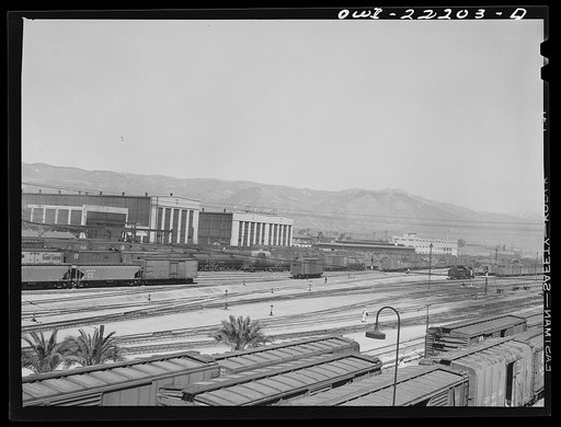 San Bernardino, California. General view of part of the Atchison, Topeka and Santa Fe Railroad yard