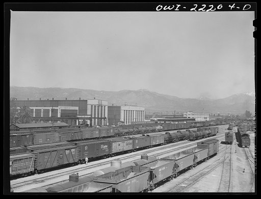 San Bernardino, California. General view of part of the Atchison, Topeka and Santa Fe Railroad yard