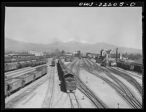 San Bernardino, California. General view of part of the Atchison, Topeka and Santa Fe Railroad yard