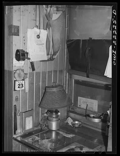 Atchison, Topeka, and Santa Fe Railroad conductor's work table in the caboose enroute to Gallup, New Mexico
