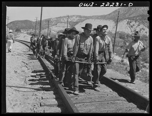 Cajon, California. Indian section gang working on the Atchison, Topeka, and Santa Fe Railroad track