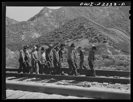 Cajon, California. Indian section gang working on the Atchison, Topeka, and Santa Fe Railroad track