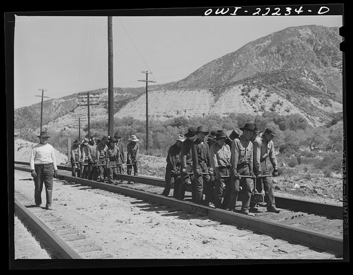 Cajon, California. Indian section gang working on the Atchison, Topeka, and Santa Fe Railroad track