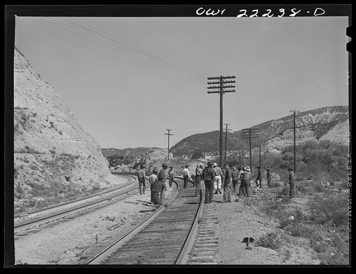 Untitled photo, possibly related to: Cajon, California. Indian section gang working on the Atchison, Topeka, and Santa Fe Railroad track