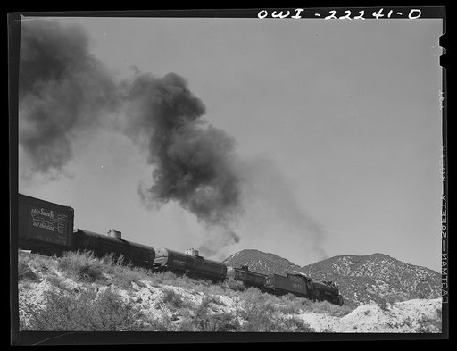 Cajon, California. Atchison, Topeka, and Santa Fe Railroad train going up the steep grade from San Bernardino to Summit