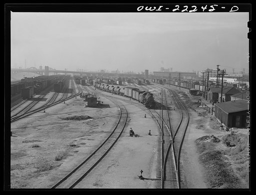 Los Angeles, California. General view over the Atchison, Topeka, and Santa Fe Railroad yards