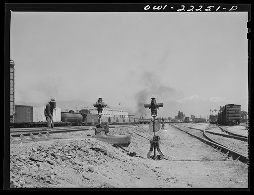 San Bernardino, California. Part of the yards used by the Atchison, Topeka, and Santa Fe Railroad