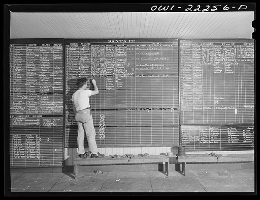 San Bernardino, California. The call board at the Atchison, Topeka, and Santa Fe Railroad crew dispatcher's office
