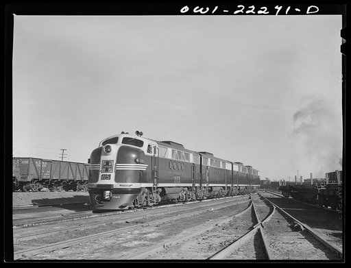 Winslow, Arizona. Atchison, Topeka, and Santa Fe Railroad diesel freight locomotive which has just come out of the roundhouse