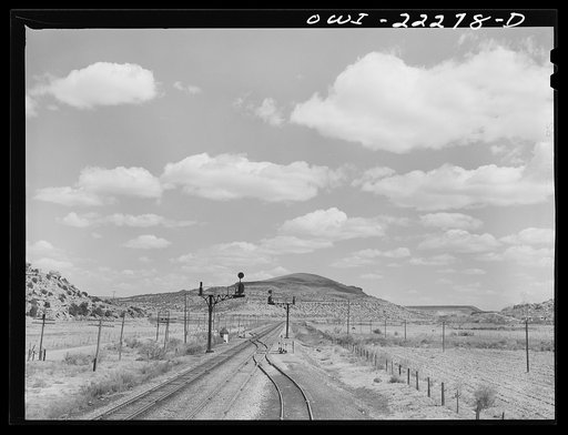 Acomita, New Mexico. Landscape along the tracks of the Atchison, Topeka, and Santa Fe Railroad enroute to Gallup