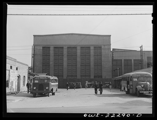 Untitled photo, possibly related to: San Bernardino, California. Men coming out of work at the end of a day's shift at the Atchison, Topeka and Santa Fe Railroad