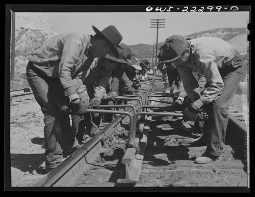 Untitled photo, possibly related to: Cajon, California. Group of Indian workers who were employed on a section gang working on the Atchison, Topeka and Santa Fe Railroad tracks