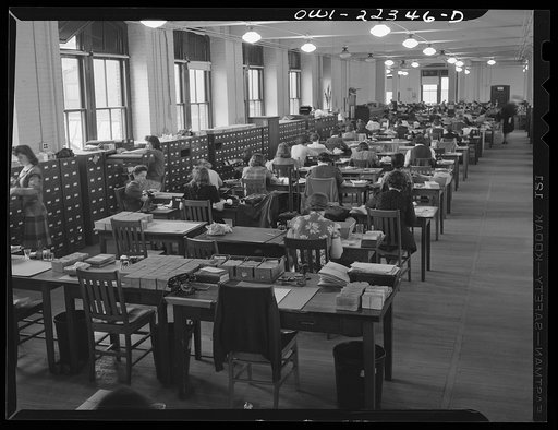 Untitled photo, possibly related to: Philadelphia, Pennsylvania. Interior of the office showing files of names at the W. Atlee Burpee Company, seed dealers