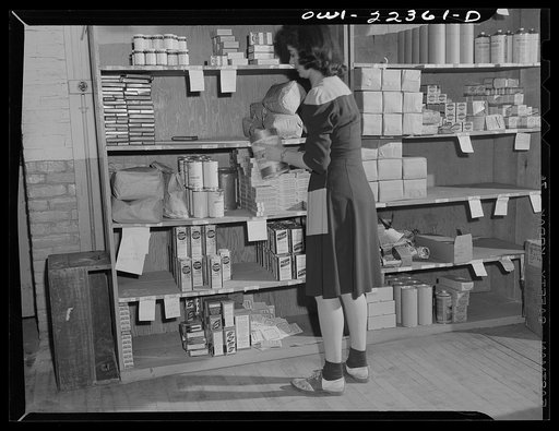 Philadelphia, Pennsylvania. Containers of plant spray on shelves at the W. Atlee Burpee Company, seed dealers
